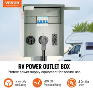 VEVOR Temporary Power Outlet Panel, 125/250 Volt, RV Power Outlet Box with a 20/30/50 Amp Receptacle Installed, NEMA 14-50R / NEMA TT-30R / 15A GFCI for RV Camper Trailer Motorhome, UL Listed Outlet